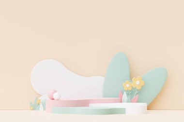 Abstract Pastel of nature, flowers leaves and tree plants with Podium stand platform. Cute Cartoon natural landscape background. Scene of spring colorful plants with minimal design. 3D Render.