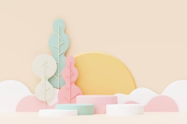 Abstract Pastel of nature, flowers leaves and tree plants with Podium stand platform. Cute Cartoon natural landscape background. Scene of spring colorful plants with minimal design. 3D Render.