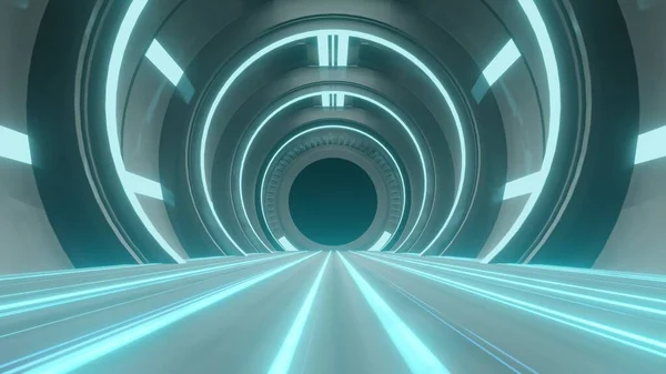 Spaceship Science ficiton Room Tunnel. Abstract colorful neon glowing light background. Speed light illuminated. Florescent on the dark scene. Curvy moving line shape. 3D render.