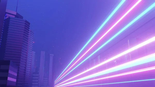 Render Cyber Night Mega City Landscape Scene Light Glowing Reflection — ストック写真