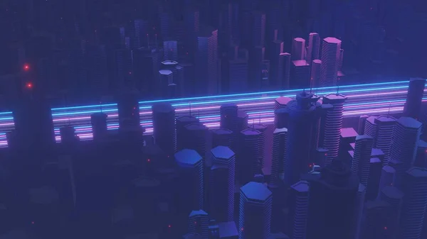 Render Cyber Night Mega City Landscape Scene Light Glowing Reflection — 图库照片