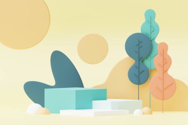 Abstract Pastel of nature, flowers leaves and tree plants with Podium stand platform. Cute Cartoon natural landscape background. Scene of spring colorful plants with minimal design. 3D Render.