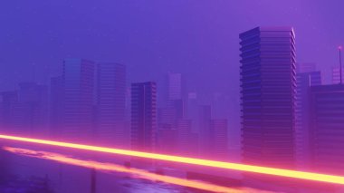 Siber gece mega şehir manzarasının 3 boyutlu canlandırması. Karanlık teknoloji sahnesinde ışık parlaması ve yansıma. Gece hayatı. 5G için teknoloji ağı. Bilim-Kurgu Başkenti 'nin ve inşaat sahnesinin çok ötesinde..