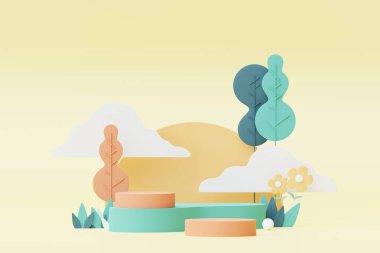 Abstract Pastel of nature, flowers leaves and tree plants with Podium stand platform. Cute Cartoon natural landscape background. Scene of spring colorful plants with minimal design. 3D Render.