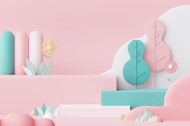 Abstract Pastel of nature, flowers leaves and tree plants with Podium stand platform. Cute Cartoon natural landscape background. Scene of spring colorful plants with minimal design. 3D Render.