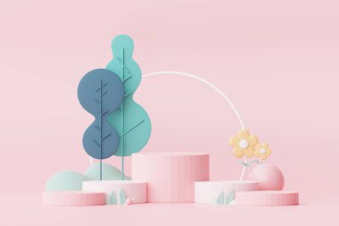 Abstract Pastel of nature, flowers leaves and tree plants with Podium stand platform. Cute Cartoon natural landscape background. Scene of spring colorful plants with minimal design. 3D Render.