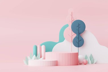 Abstract Pastel of nature, flowers leaves and tree plants with Podium stand platform. Cute Cartoon natural landscape background. Scene of spring colorful plants with minimal design. 3D Render.