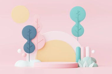 Abstract Pastel of nature, flowers leaves and tree plants with Podium stand platform. Cute Cartoon natural landscape background. Scene of spring colorful plants with minimal design. 3D Render.