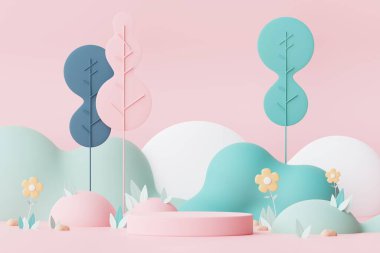 Abstract Pastel of nature, flowers leaves and tree plants with Podium stand platform. Cute Cartoon natural landscape background. Scene of spring colorful plants with minimal design. 3D Render.