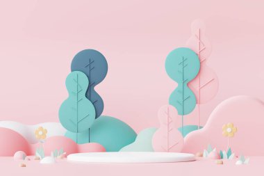 Abstract Pastel of nature, flowers leaves and tree plants with Podium stand platform. Cute Cartoon natural landscape background. Scene of spring colorful plants with minimal design. 3D Render.