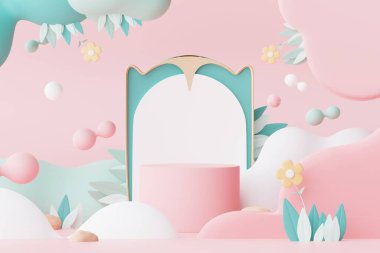 Abstract Pastel of nature, flowers leaves and tree plants with Podium stand platform. Cute Cartoon natural landscape background. Scene of spring colorful plants with minimal design. 3D Render.