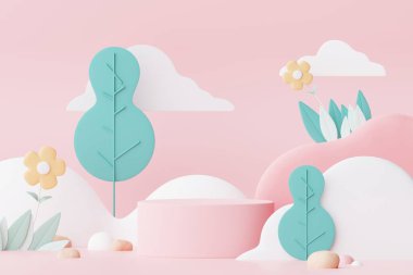 Abstract Pastel of nature, flowers leaves and tree plants with Podium stand platform. Cute Cartoon natural landscape background. Scene of spring colorful plants with minimal design. 3D Render.