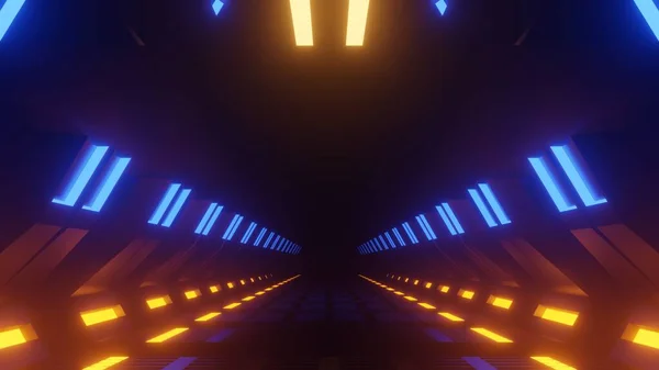 Spaceship Science ficiton Room Tunnel. Abstract colorful neon glowing light background. Speed light illuminated. Florescent on the dark scene. Curvy moving line shape. 3D render.