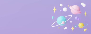 3d render of planet star and moon  that floating on the air at night with purple lilac background. Abstract scene of pastel ball, bubble soaps , or blobs in pastel colors. Magic scene.