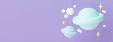 3d render of planet star and moon  that floating on the air at night with purple lilac background. Abstract scene of pastel ball, bubble soaps , or blobs in pastel colors. Magic scene.