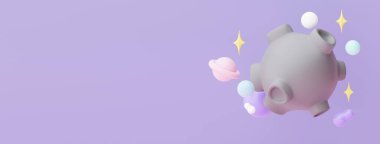 3d render of planet star and moon  that floating on the air at night with purple lilac background. Abstract scene of pastel ball, bubble soaps , or blobs in pastel colors. Magic scene.