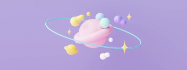 3d render of planet star and moon  that floating on the air at night with purple lilac background. Abstract scene of pastel ball, bubble soaps , or blobs in pastel colors. Magic scene.