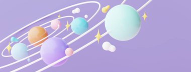 3d render of planet star and moon  that floating on the air at night with purple lilac background. Abstract scene of pastel ball, bubble soaps , or blobs in pastel colors. Magic scene.
