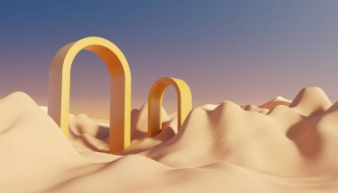Abstract Dune cliff sand with metallic Podium stand platform. Surreal Desert natural landscape background. Scene of Desert with glossy metallic arches geometric design. 3D Render.