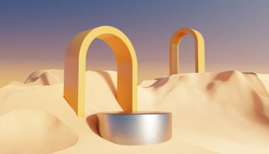 Abstract Dune cliff sand with metallic Podium stand platform. Surreal Desert natural landscape background. Scene of Desert with glossy metallic arches geometric design. 3D Render.