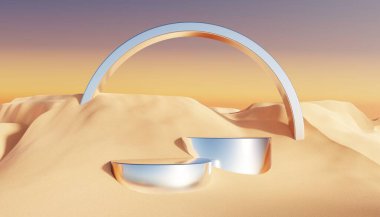 Abstract Dune cliff sand with metallic Podium stand platform. Surreal Desert natural landscape background. Scene of Desert with glossy metallic arches geometric design. 3D Render.