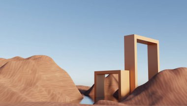 Abstract Dune cliff sand with metallic Arches and clean blue cloud sky. Surreal minimal Desert natural landscape background. Scene of Desert with glossy metallic arches geometric design. 3D Render.