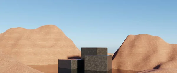 Abstract Dune Cliff Sand Metallic Podium Stand Platform Surreal Desert — 스톡 사진