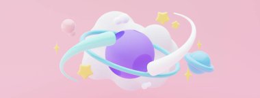 3d render of planet star and moon  that floating on the air at night with purple lilac background. Abstract scene of pastel ball, bubble soaps , or blobs in pastel colors. Magic scene.