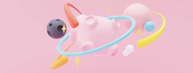 3d render of planet star and moon  that floating on the air at night with purple lilac background. Abstract scene of pastel ball, bubble soaps , or blobs in pastel colors. Magic scene.