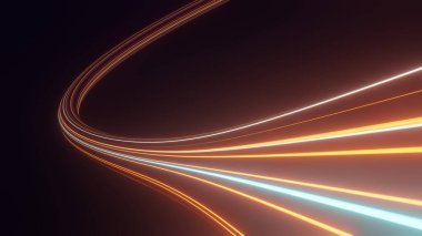 Abstract colorful neon glowing light background. Speed light illuminated. Florescent on the dark scene. Curvy moving line shape. 3D render.