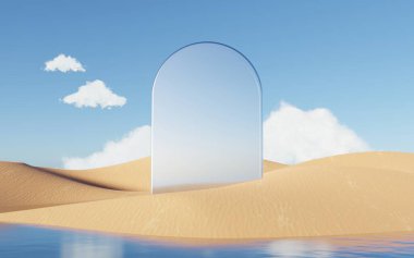 Abstract Dune cliff sand with metallic Arches and clean blue cloud sky. Surreal minimal Desert natural landscape background. Scene of Desert with glossy metallic arches geometric design. 3D Render.