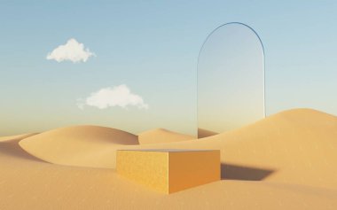 Abstract Dune cliff sand with metallic Podium stand platform. Surreal Desert natural landscape background. Scene of Desert with glossy metallic arches geometric design. 3D Render.