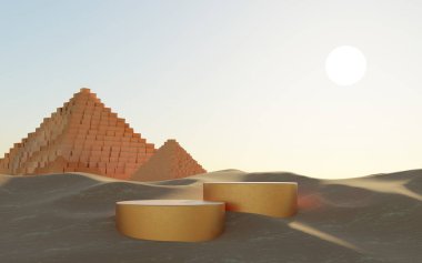 Abstract Dune cliff sand with metallic Podium stand platform and Egyptian Pyramid. Surreal Desert natural landscape background. Scene of Desert with glossy metallic arches geometric design. 3D Render.