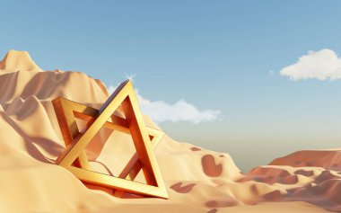 Abstract Dune cliff sand with metallic Arches and clean blue cloud sky. Surreal minimal Desert natural landscape background. Scene of Desert with glossy metallic arches geometric design. 3D Render.