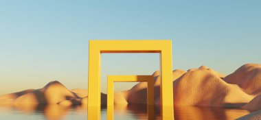 Abstract Dune cliff sand with metallic Arches and clean blue cloud sky. Surreal minimal Desert natural landscape background. Scene of Desert with glossy metallic arches geometric design. 3D Render.