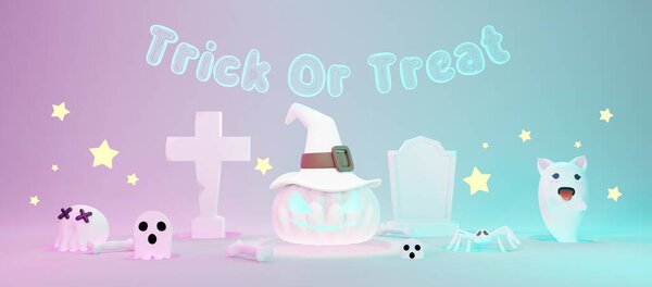 3d Render, Happy Halloween Day White modern scene background with neon light and cute spooky design. Halloween white pumpkins, skull, ghost and spider decorations. Trick or Treat party celebrate.
