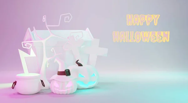 Render Happy Halloween Day White Современный Фон Сцены Неоновым Светом — стоковое фото