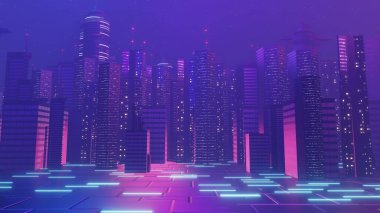 Siber punk gece şehir peyzajının 3 boyutlu canlandırması. Karanlık sahnede ışık parlıyor. Gece hayatı. 5G için teknoloji ağı. Bilim-Kurgu Başkenti ve inşaat sahnesinin nesli ve geleceği ötesinde.