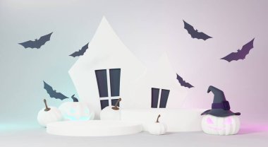 3d Render, Happy Halloween Day background with Podium stand product and night scene and cute spooky design. Halloween pumpkins, skull, ghost and spider decorations on dark purple background.