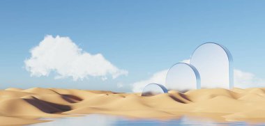 Abstract Dune cliff sand with metallic Arches and clean blue cloud sky. Surreal minimal Desert natural landscape background. Scene of Desert with glossy metallic arches geometric design. 3D Render.