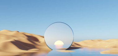 Abstract Dune cliff sand with metallic Arches and clean blue cloud sky. Surreal minimal Desert natural landscape background. Scene of Desert with glossy metallic arches geometric design. 3D Render.