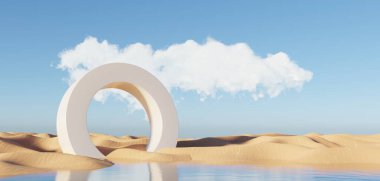 Abstract Dune cliff sand with metallic Arches and clean blue cloud sky. Surreal minimal Desert natural landscape background. Scene of Desert with glossy metallic arches geometric design. 3D Render.