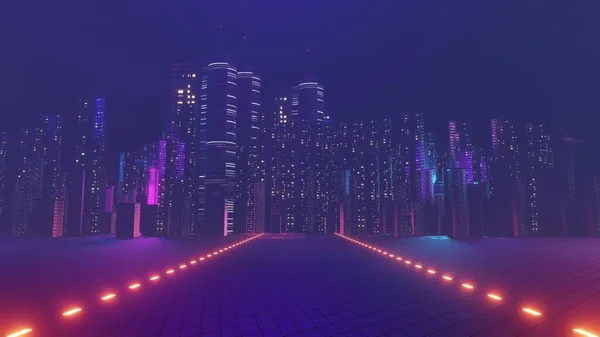 3d render of Cyber punk night city landscape concept. Light glowing on dark scene.  Night life. Technology network for 5g. Beyond generation and futuristic of Sci-Fi Capital city and building scene.