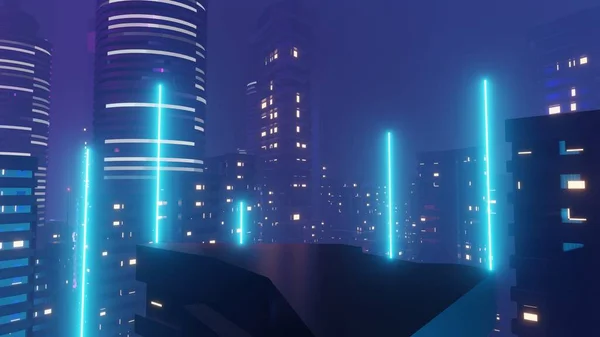 3d render of Cyber punk night city landscape concept. Light glowing on dark scene.  Night life. Technology network for 5g. Beyond generation and futuristic of Sci-Fi Capital city and building scene.