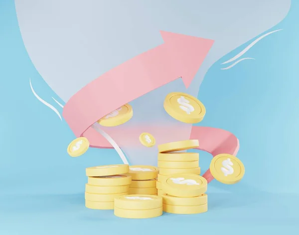 三维渲染的金币堆积起来为目标存钱概念 最小的胶水场景 增长金融模式 — 图库照片