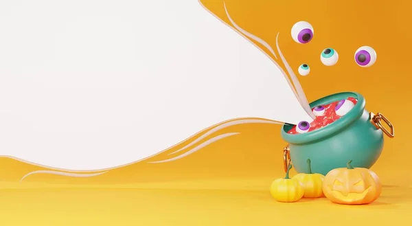 3Dレンダリング 夜のシーンとかわいい不気味なデザインのハッピーハロウィーンの日の背景 ハロウィンのカボチャ 魔女の釜 オレンジを背景にしたおもちゃのキャンディーのテーマ — ストック写真