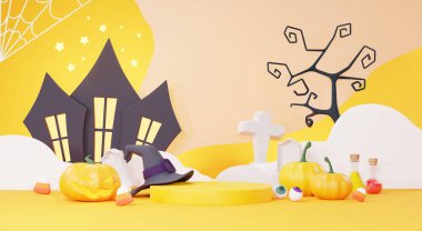 3d Render, Happy Halloween Day background with Podium stand product and night scene and cute spooky design. Halloween pumpkins, skull, ghost and spider decorations on dark purple background.