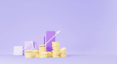 Altın sikkelerin 3 boyutlu oluşturulması ve gol konsepti için para biriktirme grafiği geliştirilmesi. Asgari pastel sahne. Büyüme finansal modeli