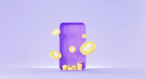 3D渲染黄金美元硬币堆栈从电话中飞出 为目标省钱概念 最小的胶水场景 增长金融模式 数字付款 资金流动管理 — 图库照片