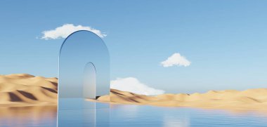 Abstract Dune cliff sand with metallic Arches and clean blue cloud sky. Surreal minimal Desert natural landscape background. Scene of Desert with glossy metallic arches geometric design. 3D Render.